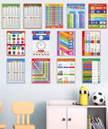 13 Laminated Math Learning Posters Set With Tape For Kid Friendly Homeschooling And Classrooms on wall; includes topics like addition, shapes.