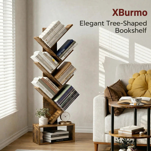 6 Tier Tree Bookshelf For Small Spaces, Rustic Brown Hardwood Corner Display Rack next to sofa with sunlight through blinds
