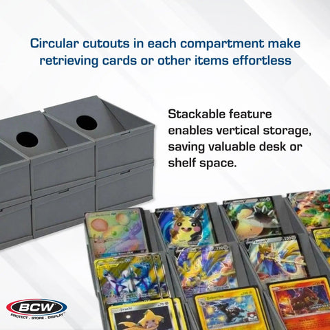 Modular Card Sorting Tray for Collectors and Gamers Expandable Grid Organizer with Movable Cells, Pokémon cards displayed.