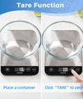 33 Lb Digital Kitchen Scale With 1 Gram Accuracy, USB Rechargeable, Stainless Steel Platform, demonstrating tare function