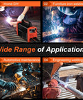 Four images showing 200 Amp Stick Welder 110V Portable Inverter With Synergic Control in various welding applications.