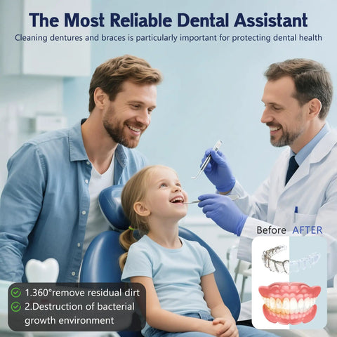 Dentist showing father and child Kickass 3 In 1 Ultrasonic Retainer Cleaner With Degassing Tech And UV Light, denture comparison inset.