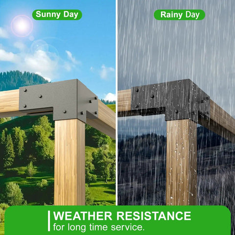Side view of Beefy Heavy Duty Pergola Bracket Kit for 4x4 posts in sunny and rainy conditions, showcasing weatherproof Q235 steel.