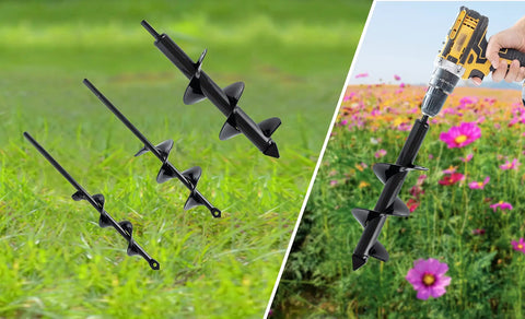 Set Of 3 Garden Auger Drill Bits For Planting displayed on grass, one attached to a drill for planting in a flowerbed