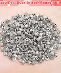 350 pcs silver spacer beads bulk for jewelry making, mixed styles, large hole metal beads for bracelets, necklaces, and earrings