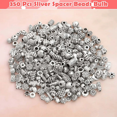 350 pcs silver spacer beads bulk for jewelry making, mixed styles, large hole metal beads for bracelets, necklaces, and earrings