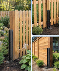 Heavy Duty Fence Post Repair Kit For Tilted Or Broken Wood Posts installed on garden fence, showcasing galvanized steel, 33.6 inch height.