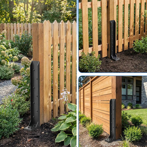 Heavy Duty Fence Post Repair Kit For Tilted Or Broken Wood Posts installed on garden fence, showcasing galvanized steel, 33.6 inch height.
