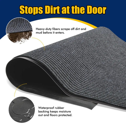 Heavy Duty Indoor Outdoor Entrance Mat 4 By 10 Feet Rubber Border Door Rug With Non Slip Tread, showcasing heavy-duty fibers and waterproof backing.