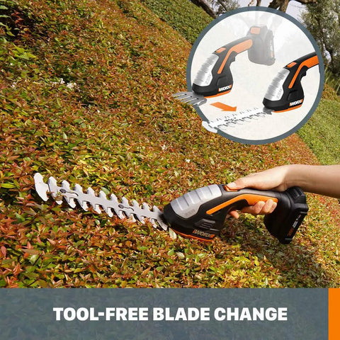 2 In 1 Cordless Hedge Trimmer And Grass Shear Kit showing tool-free blade change in action, trimming a hedge.