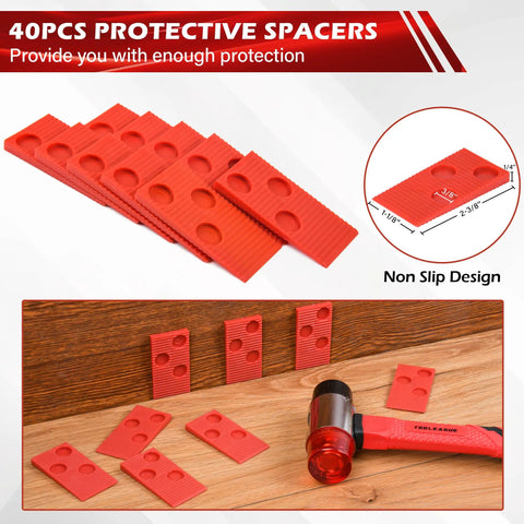Laminate Flooring Installation Kit With 43 Piece Set Including Double Faced Soft Mallet 40 Spacers Heavy Duty Pull Bar And Tapping Block For Quick Scratch Free Floor Install And DIY Projects showing 40 protective red spacers in use.