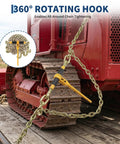 Heavy Duty 2 Pack Ratchet Load Binder Set With Grade 80 Chain And Grab Hooks 9200 Lbs Capacity on a truck securing a tracked vehicle.