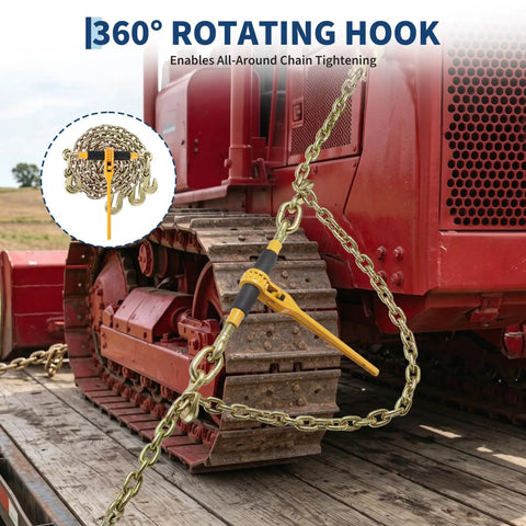 Heavy Duty 2 Pack Ratchet Load Binder Set With Grade 80 Chain And Grab Hooks 9200 Lbs Capacity on a truck securing a tracked vehicle.