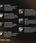 Infographic showing data tracking features of SC300i Portable Golf Launch Monitor And Swing Analyzer including distance and swing metrics.