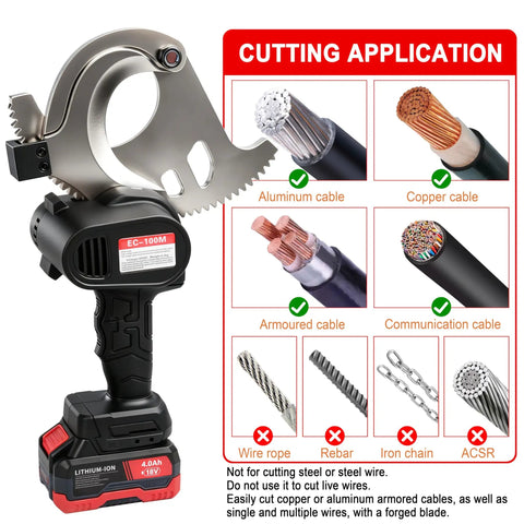 Heavy Duty 4 Inch Electric Battery Powered Ratcheting Cable Cutters for cutting aluminum, copper, and armored cables with forged blade.