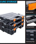 Three In One Portable Tool Box Organizer With Fifty Two Customizable Compartments For Hardware Craft Supplies Beads And Small Parts Grab And Go Three Tier Storage Case For Home Garage And Workshop with secure latches and carrying handles.