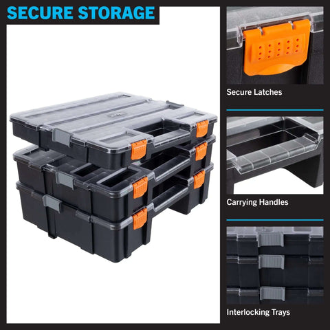 Three In One Portable Tool Box Organizer With Fifty Two Customizable Compartments For Hardware Craft Supplies Beads And Small Parts Grab And Go Three Tier Storage Case For Home Garage And Workshop with secure latches and carrying handles.