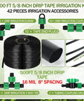 500 Ft 5 Eighth Inch Drip Irrigation Kit With 8 Inch Spacing Drip Tape 16 Mil Hose System display and components