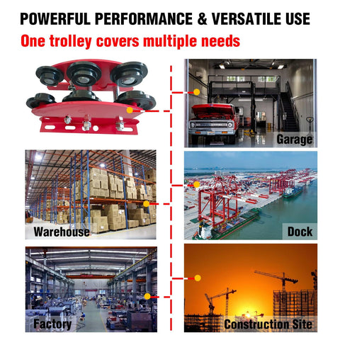 Heavy Duty 6 Wheel Manual Trolley for I-Beam 1 Ton Load, Geared Push Overhead Cart for PA200 to PA1000, versatile use locations