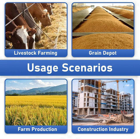 Usage scenarios for the Powerful High Suction Portable Grain Auger Pump For Fast Grain Cement Fertilizer And Gravel Transfer Built Tough With Wear Resistant Hose For Home Farm And Small Shop Use, including livestock farming, grain depot, farm production, and construction industry.