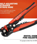 Self-Adjusting Wire Stripper And Cutter For Electricians, 8 Inch Pro Grade Tool with ergonomic red and black grip in packaging.