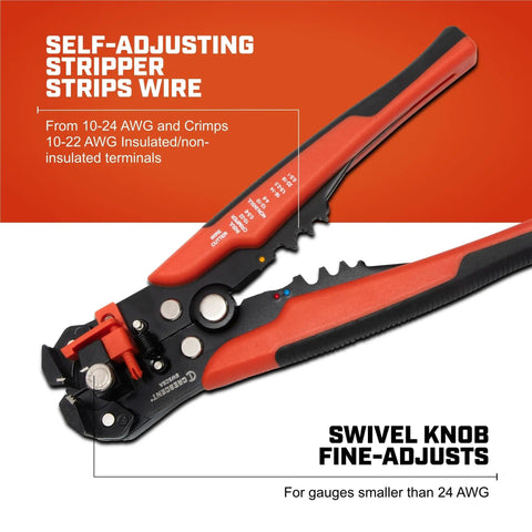 Self-Adjusting Wire Stripper And Cutter For Electricians, 8 Inch Pro Grade Tool with ergonomic red and black grip in packaging.
