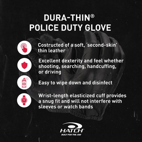 Close-up of black Dura-Thin police duty glove with text highlights on features and logo on black background.