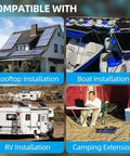 Compatible installations for Beefed-Up Solar Extension Cable 10AWG 12AWG with rooftop, boat, RV, and camping setups.
