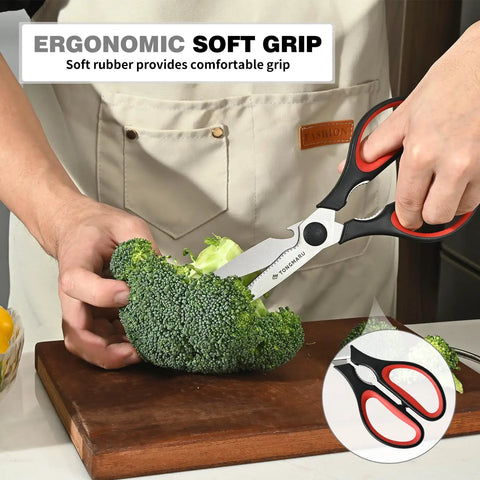 Beefy All Purpose Heavy Duty Kitchen Scissors With Detachable Blades, Serrated Edges, Nutcracker And Bottle Opener, Dishwasher Safe Multipurpose Food Shears For Meat, Veggies, Fish, Poultry And Herbs cutting broccoli