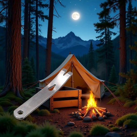 Pocket Size Stainless Steel Crowbar Pry Bar Widgy Bar EDC Tool For Bushcraft And Survival in camping setting at night.