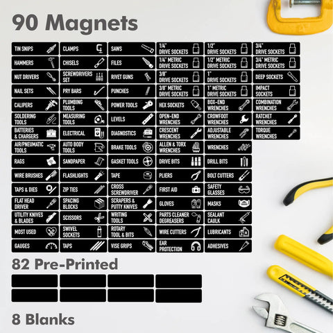 Magnetic Toolbox Labels Set With 82 Pre Printed And 8 Blank Labels for organization in workshop or garage