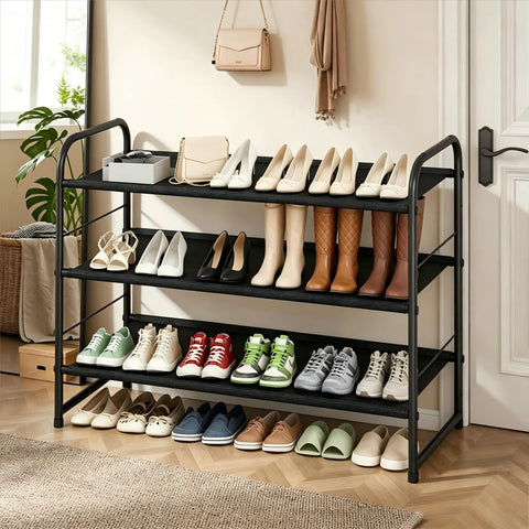 Spiffy Three Tier Stackable Shoe Rack Expandable Adjustable Fabric Shoe Organizer With Extra Bottom Shelf To Keep Your Sneakers And Daily Kicks Proper Dime In Tight Closets Or Entryways Without Any Mess