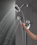 Linden 17 Series Dual Function Shower Faucet Trim Kit With In2ition 4 Spray 2 in 1 Handheld Shower Head and Hose Chrome finish in use