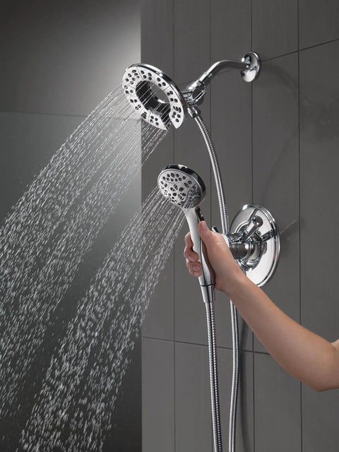 Linden 17 Series Dual Function Shower Faucet Trim Kit With In2ition 4 Spray 2 in 1 Handheld Shower Head and Hose Chrome finish in use
