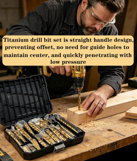 Top Shelf 230 Piece Titanium Twist Drill Bit Kit Featuring 135 Degree Split Points For Wood Metal Plastic And Alloy. man drilling wood with titanium bits
