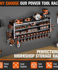 Forty Nine Point Eight Inch Wide Heavy Duty Power Tool Organizer Wall Mount With Four Layer Storage Rack And Fourteen Cordless Drill Holders