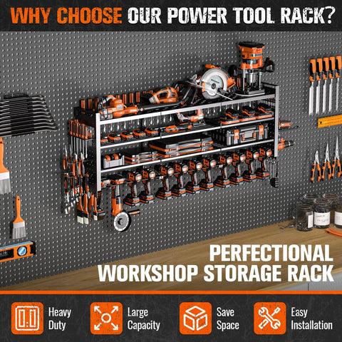 Forty Nine Point Eight Inch Wide Heavy Duty Power Tool Organizer Wall Mount With Four Layer Storage Rack And Fourteen Cordless Drill Holders