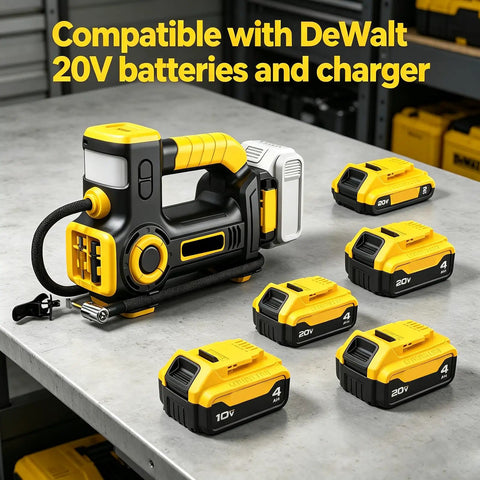 Heavy Duty Portable Tire Inflator Air Compressor Compatible With DeWalt 20V Battery. Delivers Quick And Powerful 180 Psi Inflation For Cars, Trucks, Motorcycles. Works With Existing Dewalt Tools. Bare Tool Only, No Battery Included. Super Fast Setup.