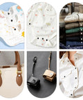 Collage of uses for Dope Pearl Snap Button Kit With 400 Pieces And 10 mm Fastener Plier showing baby clothes, shirts, bags, and accessories.