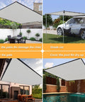 8 By 10 Foot Outdoor Sun Shade Cloth With Grommets For Patio Carport And Backyard Grey Shade Sail That Blocks Up To 95 Percent UV Rays Keeps Kids Cars And Plants Chill In The Sun shown installed over patio, carport, and pool.
