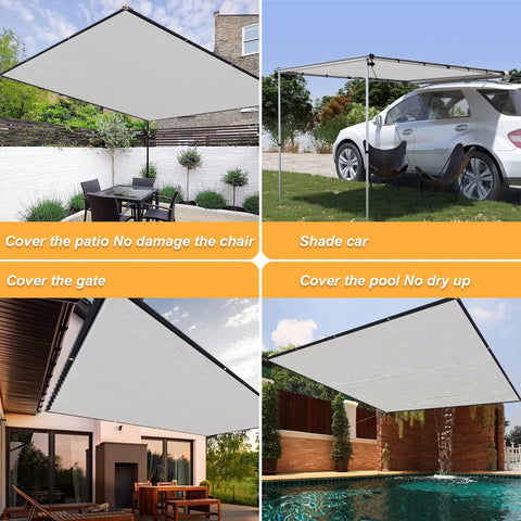 8 By 10 Foot Outdoor Sun Shade Cloth With Grommets For Patio Carport And Backyard Grey Shade Sail That Blocks Up To 95 Percent UV Rays Keeps Kids Cars And Plants Chill In The Sun shown installed over patio, carport, and pool.