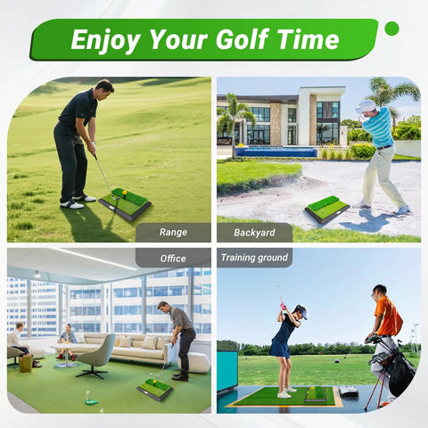 Collage of four scenes using Portable Foldable Golf Practice Mat With Dual Turf For Indoor And Outdoor Swings And Chips
