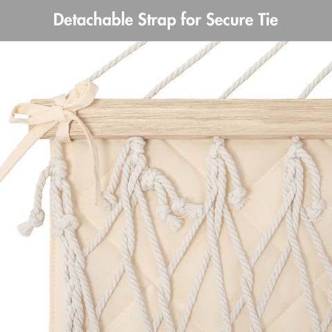 Double Hammock Pad And Pillow Set For Family Chill, Portable Polyester Hammock Cushion In Cream with secure tie straps detail