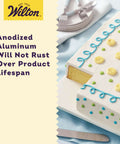 Decorated cake on extra large 11x15 inch aluminum baking sheet pan; anodized aluminum, rust-resistant, ideal for layer cakes.