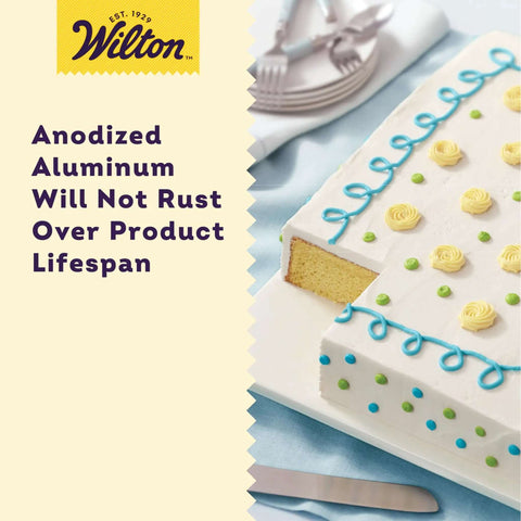 Decorated cake on extra large 11x15 inch aluminum baking sheet pan; anodized aluminum, rust-resistant, ideal for layer cakes.