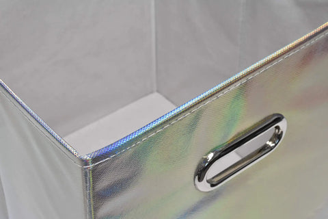 Close-up of Six Pack Foldable Cube Storage Bins Set in shiny silver with polypropylene handle.