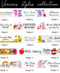 Various styles collection of customizable desk name plates for teachers, featuring designs with names, titles, and floral patterns.