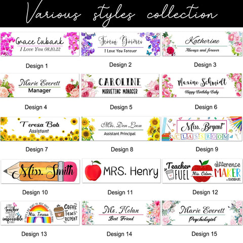 Various styles collection of customizable desk name plates for teachers, featuring designs with names, titles, and floral patterns.