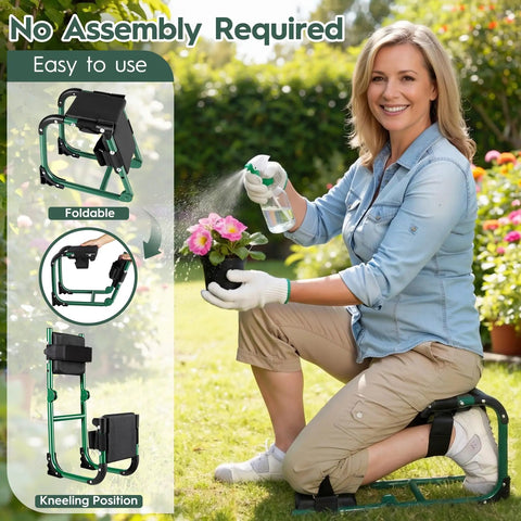 Woman using 2 In 1 Garden Kneeler And Seat Foldable Stool For Easy Gardening Ergonomic Kneeling Pad With Soft Adjustable Cushion