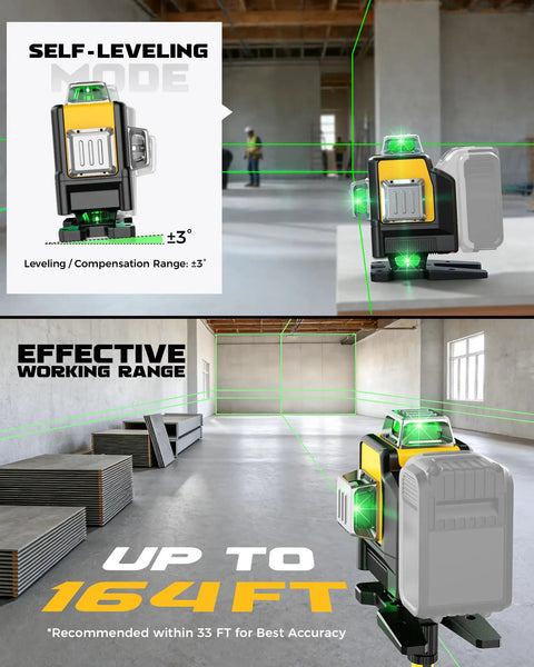 Green Laser Level With Tripod 4D 360 Degree Self Leveling Line Laser For Construction And Tile Work Indoor Renovation 16 Lines Pro Grade High Visibility Beam Accurate Plumb And Level Tool Only Works With DeWalt 20V Battery self-leveling mode